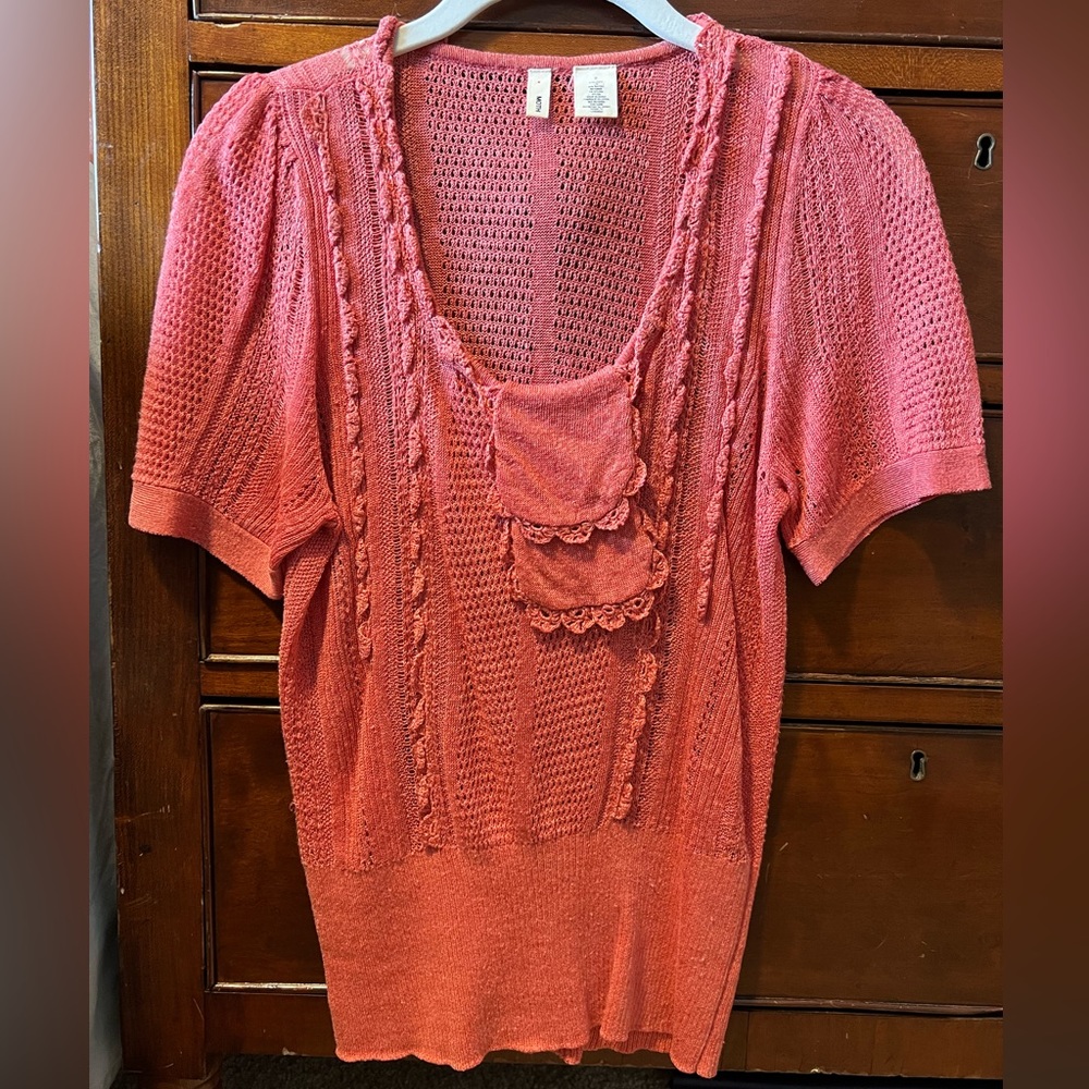 Anthropologie Peach Crocheted Short Sleeve Sweater Size XS